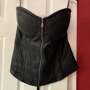 Black Faux Leather Front Zip Back Lace Up Bustier